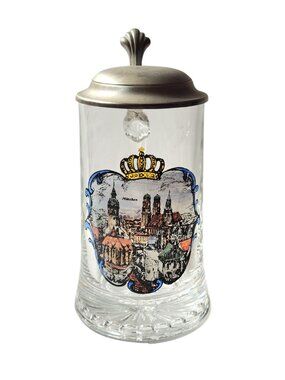 Vintage Munich Munchen Germany Glass Beer Mug Stein Pewter Lidded Breweriana